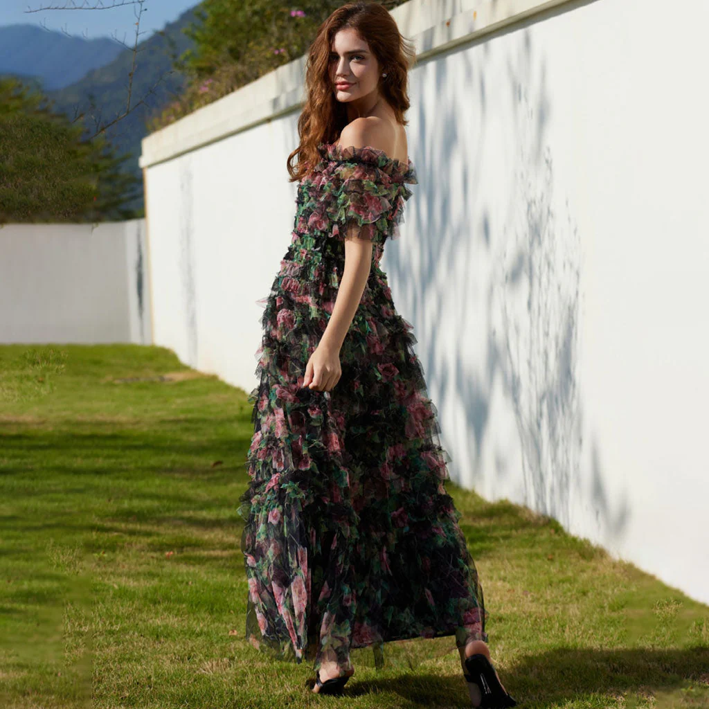 Sweet Floral Print Off Shoulder Short Sleeve Ruffle Tier Layered Tulle Maxi Dress - Image 6