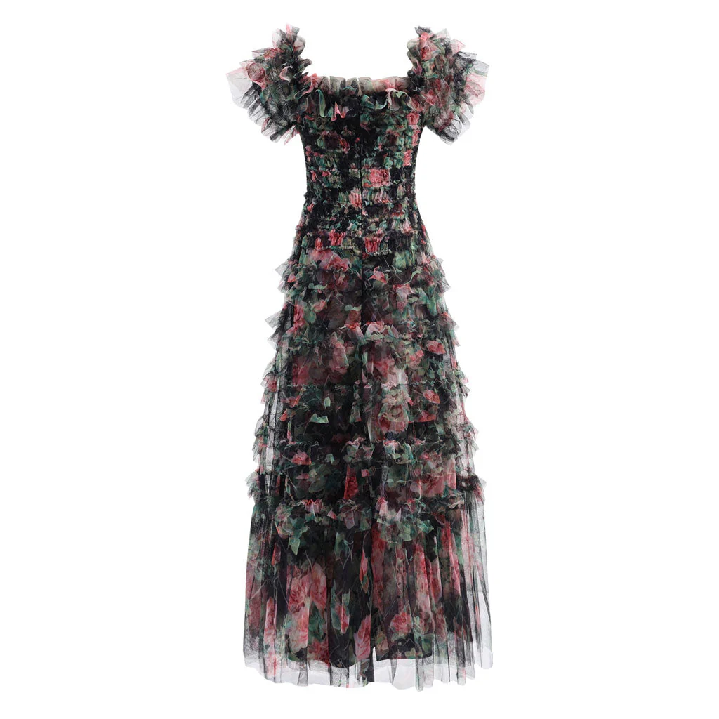 Sweet Floral Print Off Shoulder Short Sleeve Ruffle Tier Layered Tulle Maxi Dress - Image 9
