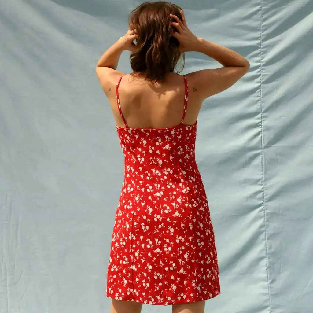 Sweet Floral Print V Neck Button Front Cami Mini Dress - Red - Image 2