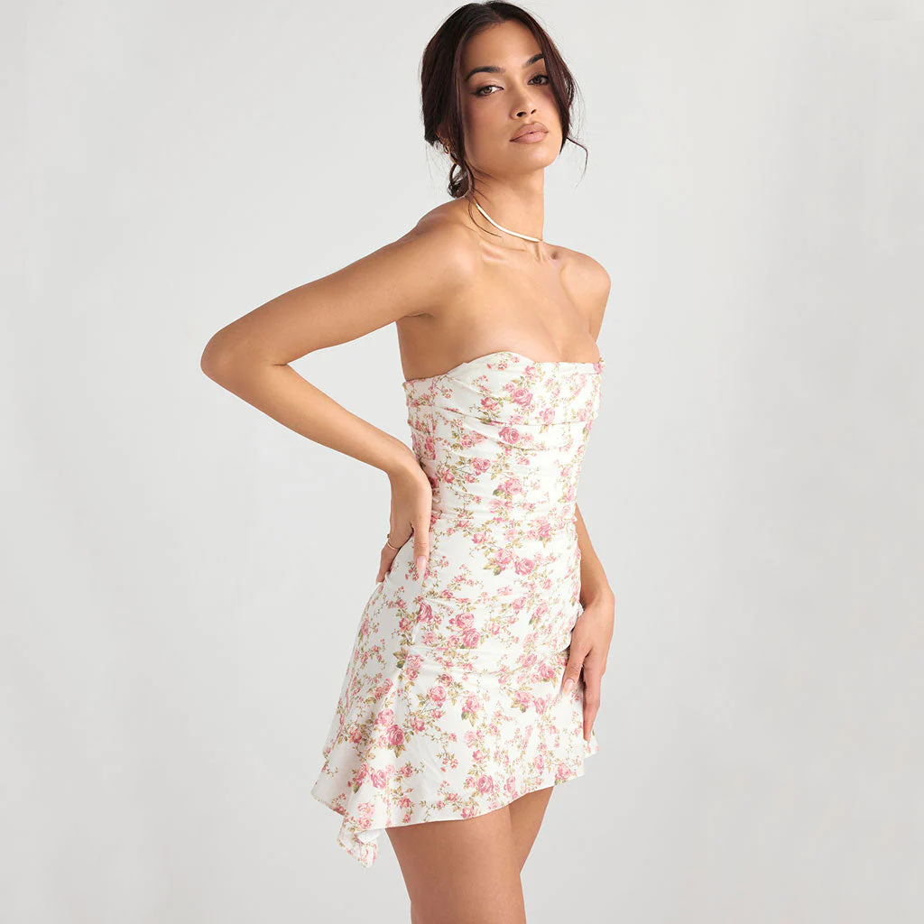 Sweet Floral Strapless Pleated Corset Draped Satin Mini Dress - Pink - Image 3