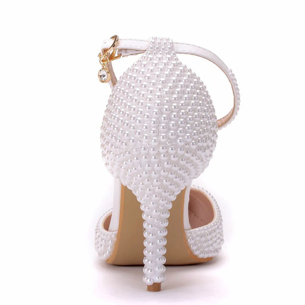 Sweet Pearl Embellished Pointed Toe Ankle Strap Stiletto Pumps - White - Image 2