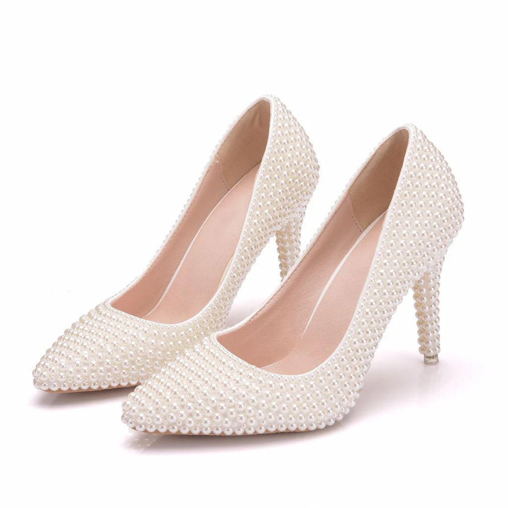 Sweet Pearl Embellished Pointed Toe High Heel Pumps - Beige - Image 2