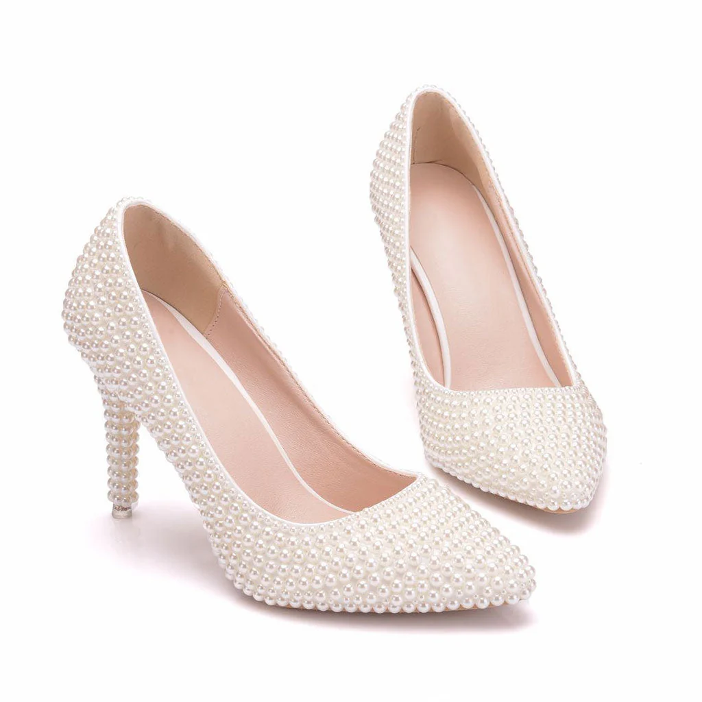 Sweet Pearl Embellished Pointed Toe High Heel Pumps - Beige - Image 3