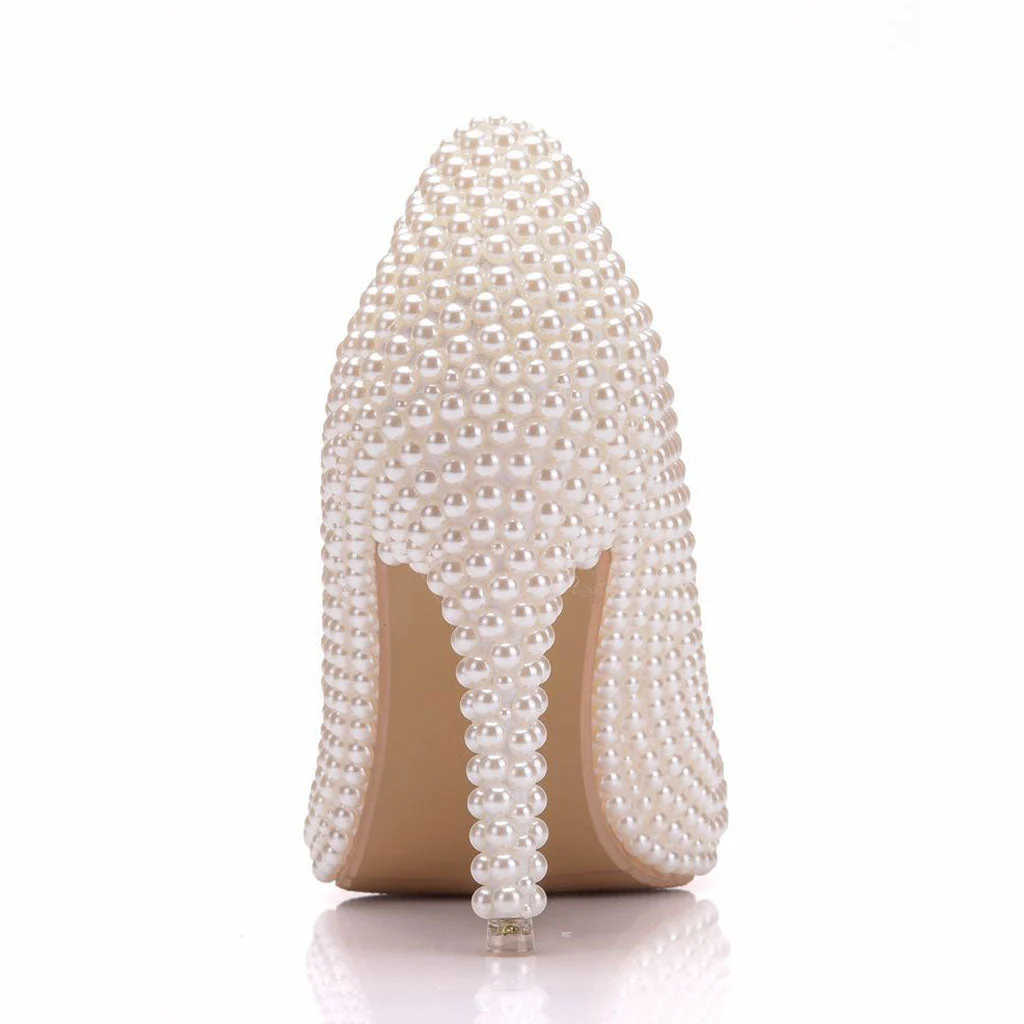 Sweet Pearl Embellished Pointed Toe High Heel Pumps - Beige - Image 4