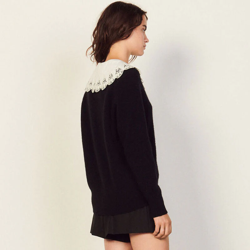 Sweet Peter Pan Collar Deep V Long Sleeve Pullover Sweater - Black - Image 3