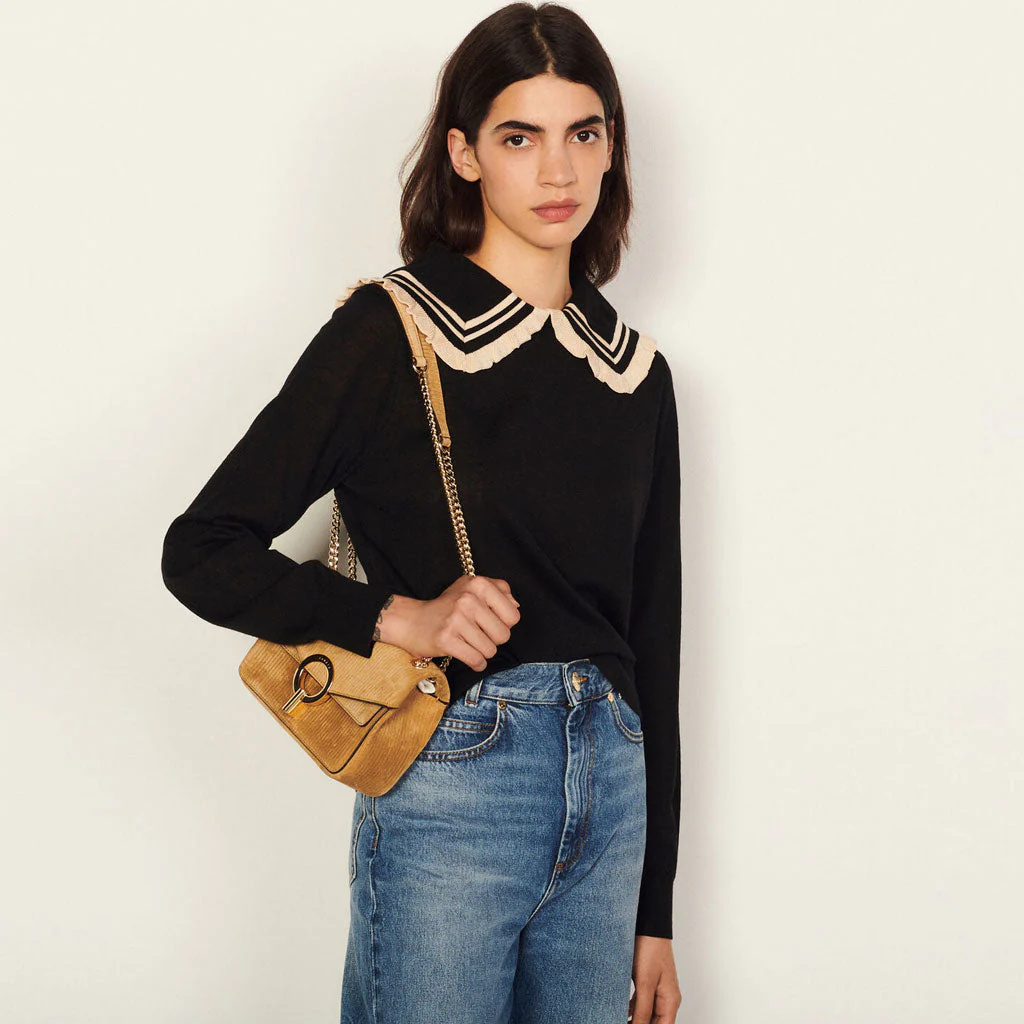 Sweet Peter Pan Collar Long Sleeve Pullover Sweater - Black - Image 2