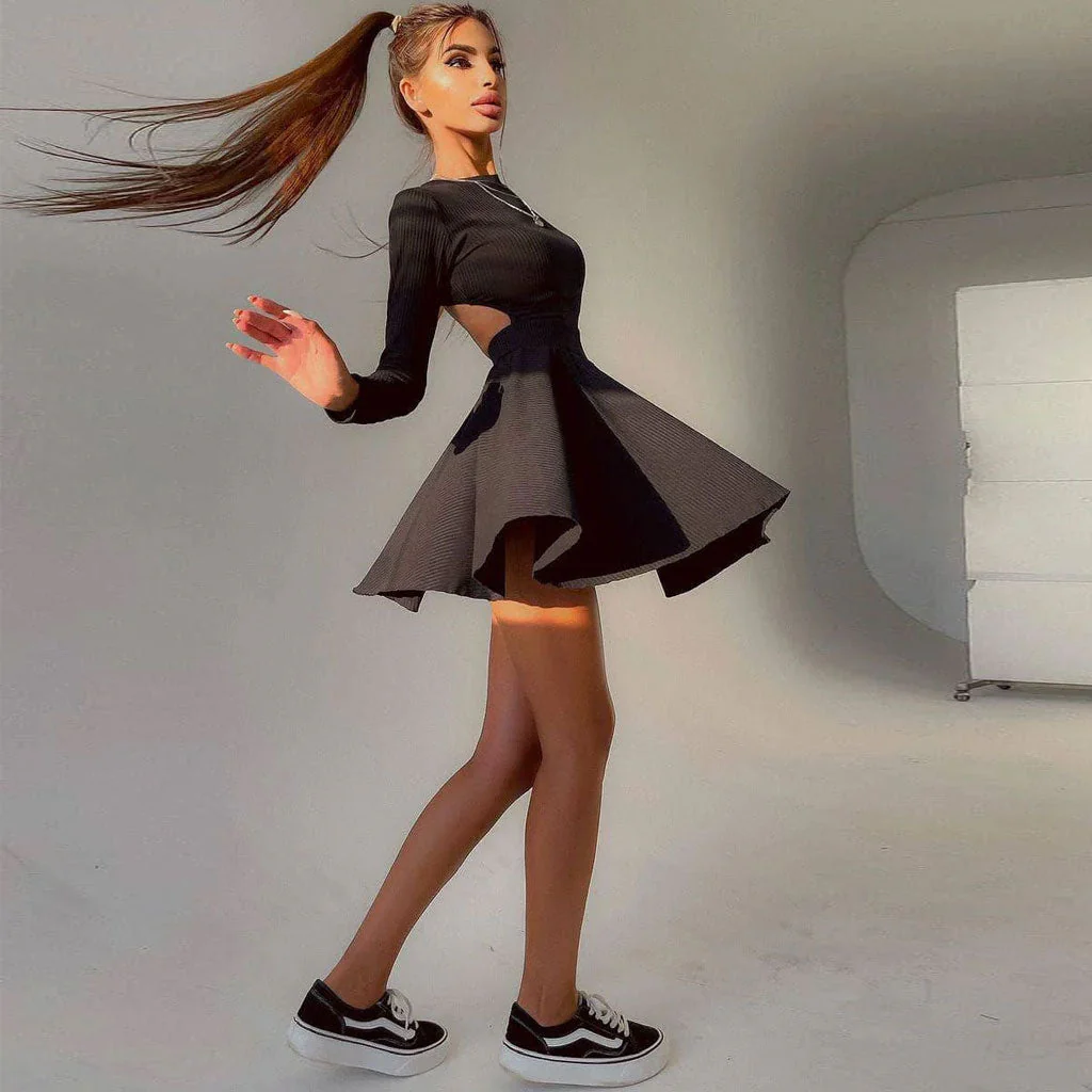 Sweet Rib Knit Cut Out Back Long Sleeve Skater Mini Dress - Black - Image 3