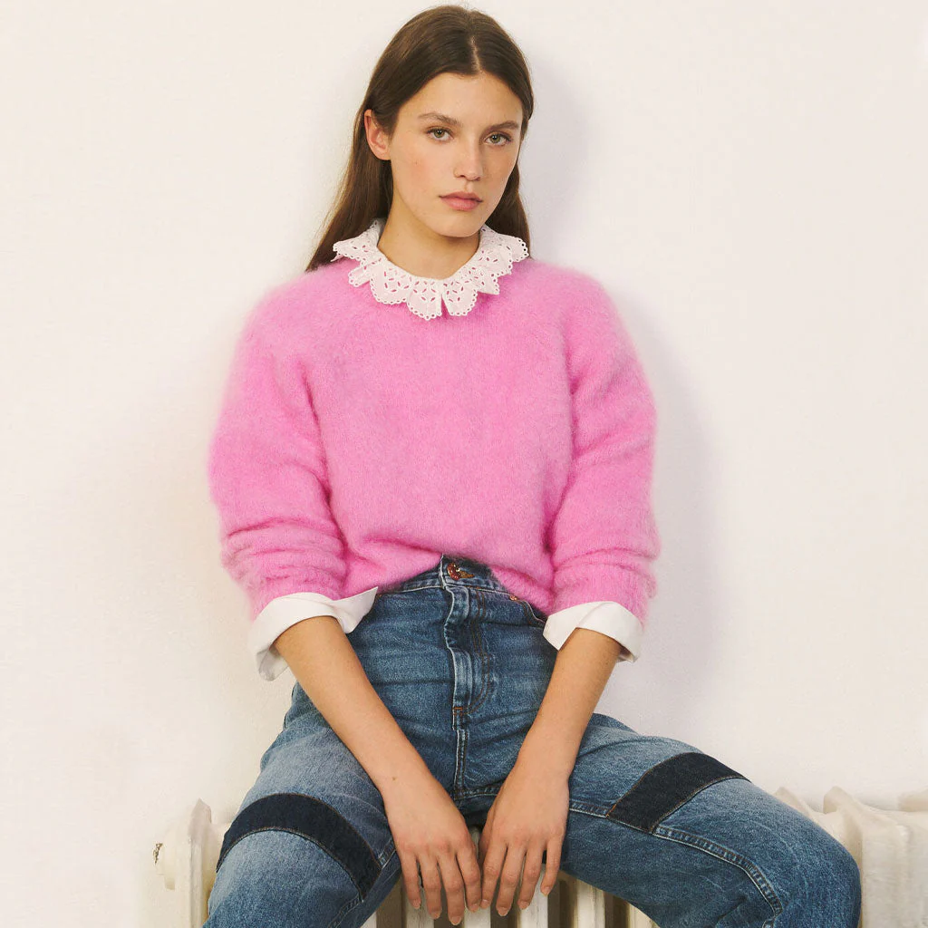 Sweet Round Neck Long Sleeve Mohair Knit Pullover Sweater - Hot Pink - Image 4