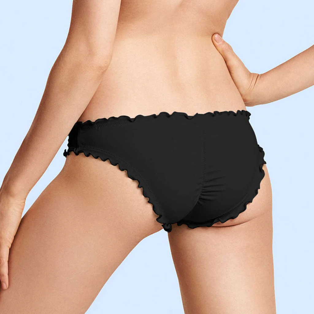 Sweet Solid Color High Cut Ruched Ruffle Trim Bikini Scrunch Bottom - Black - Image 2