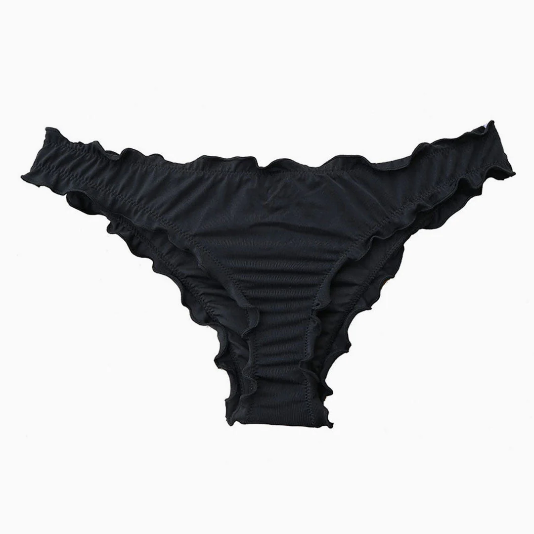 Sweet Solid Color High Cut Ruched Ruffle Trim Bikini Scrunch Bottom - Black - Image 3