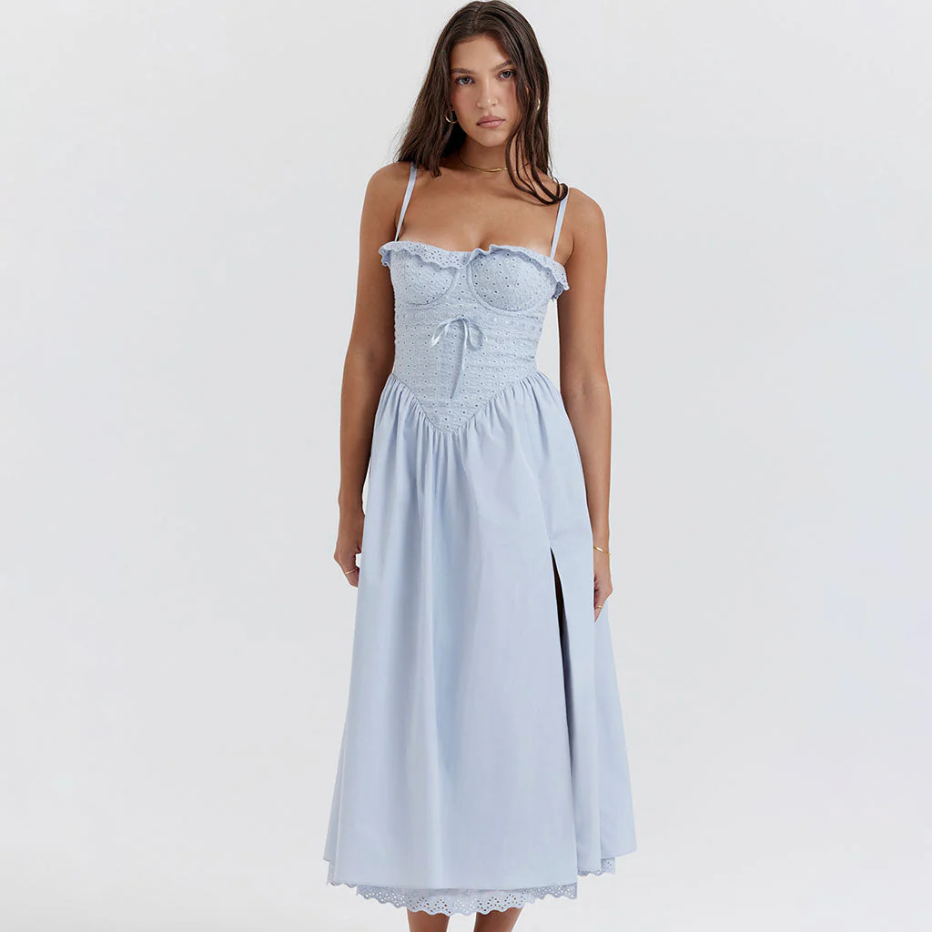 Sweet Ruffle Trim Lace Up Split High Drop Waist Broderie Anglaise Midi SunDress - Image 3