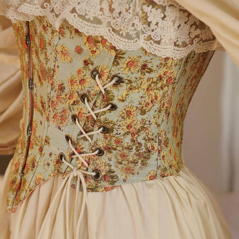 Sweet Ruffled Hook and Eye Lace Up Side Floral Crop Corset Top - Green - Image 2
