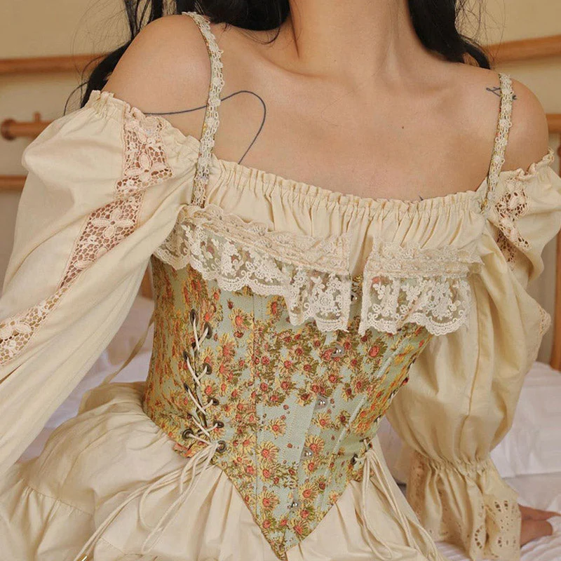 Sweet Ruffled Hook and Eye Lace Up Side Floral Crop Corset Top - Green - Image 3