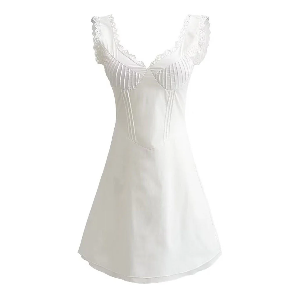 Sweet Scalloped Suspender Strap V Neck Pin Tucked A Line Mini SunDress - Image 3