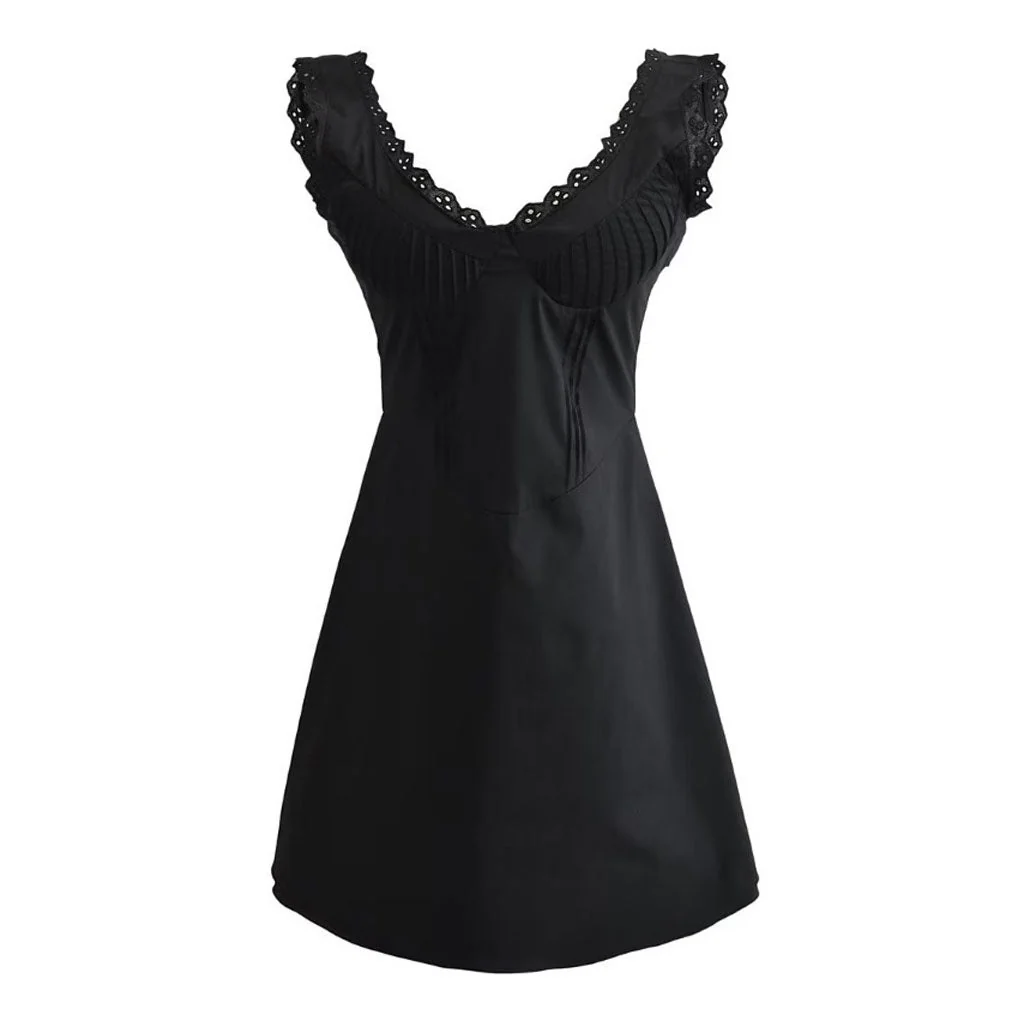 Sweet Scalloped Suspender Strap V Neck Pin Tucked A Line Mini SunDress - Image 4