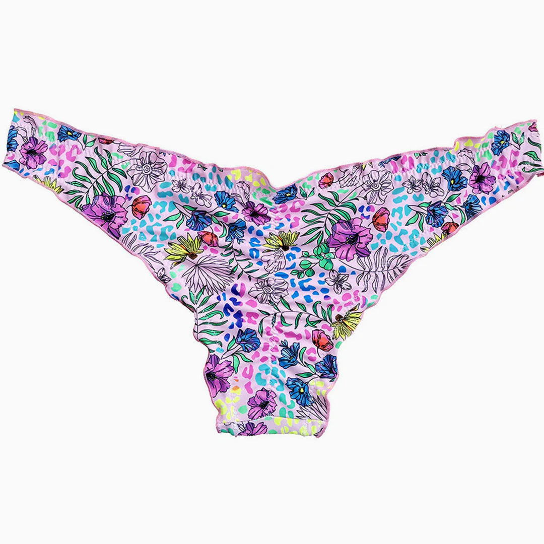 Sweet Solid Color High Cut Ruched Ruffle Trim Bikini Scrunch Bottom - Pink - Image 2