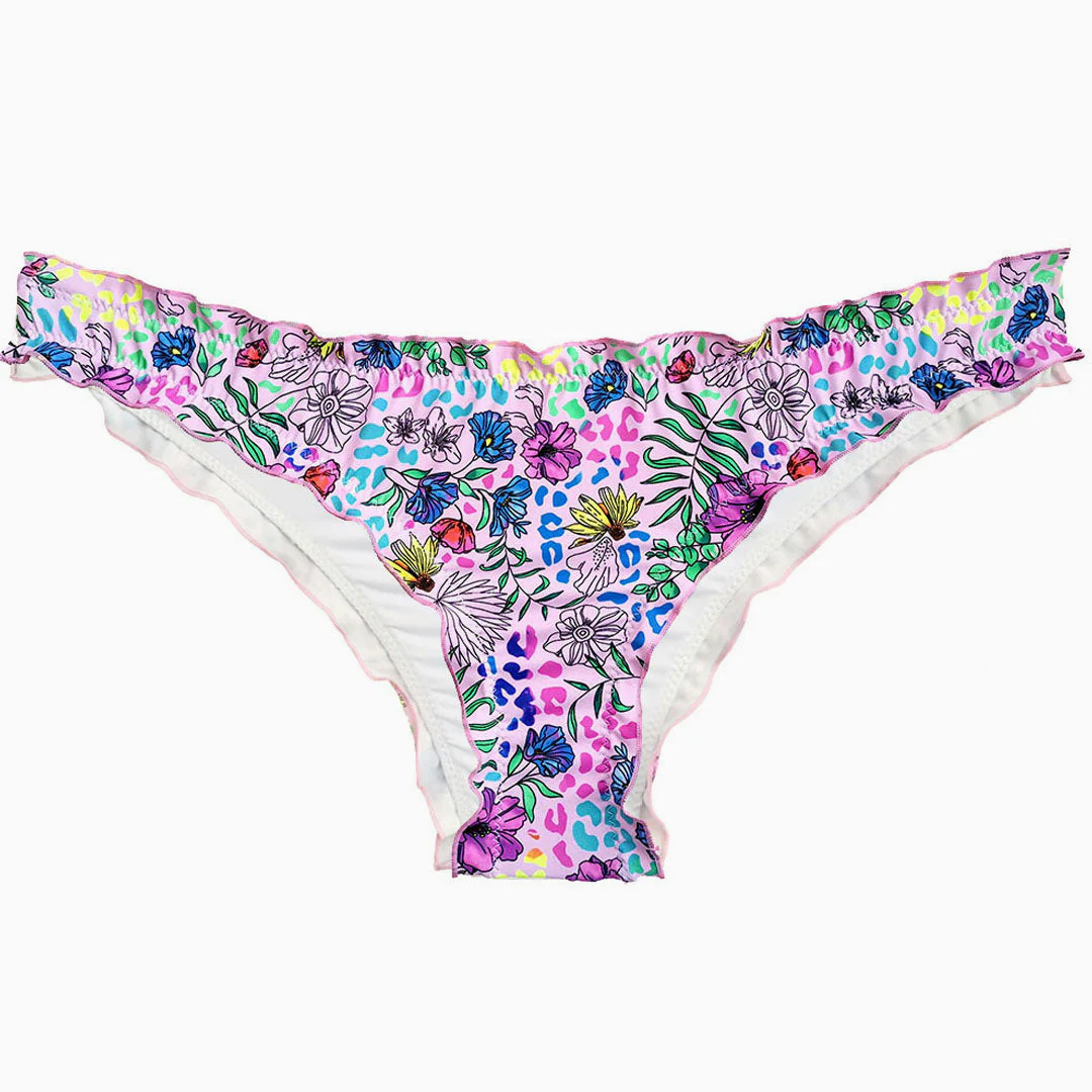 Sweet Solid Color High Cut Ruched Ruffle Trim Bikini Scrunch Bottom - Pink - Image 3