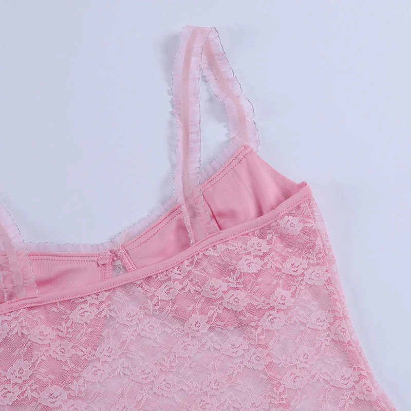 Sweet Style Frilled Scoop Neck Sheer Lace Crop Tank Top - Pink - Image 3