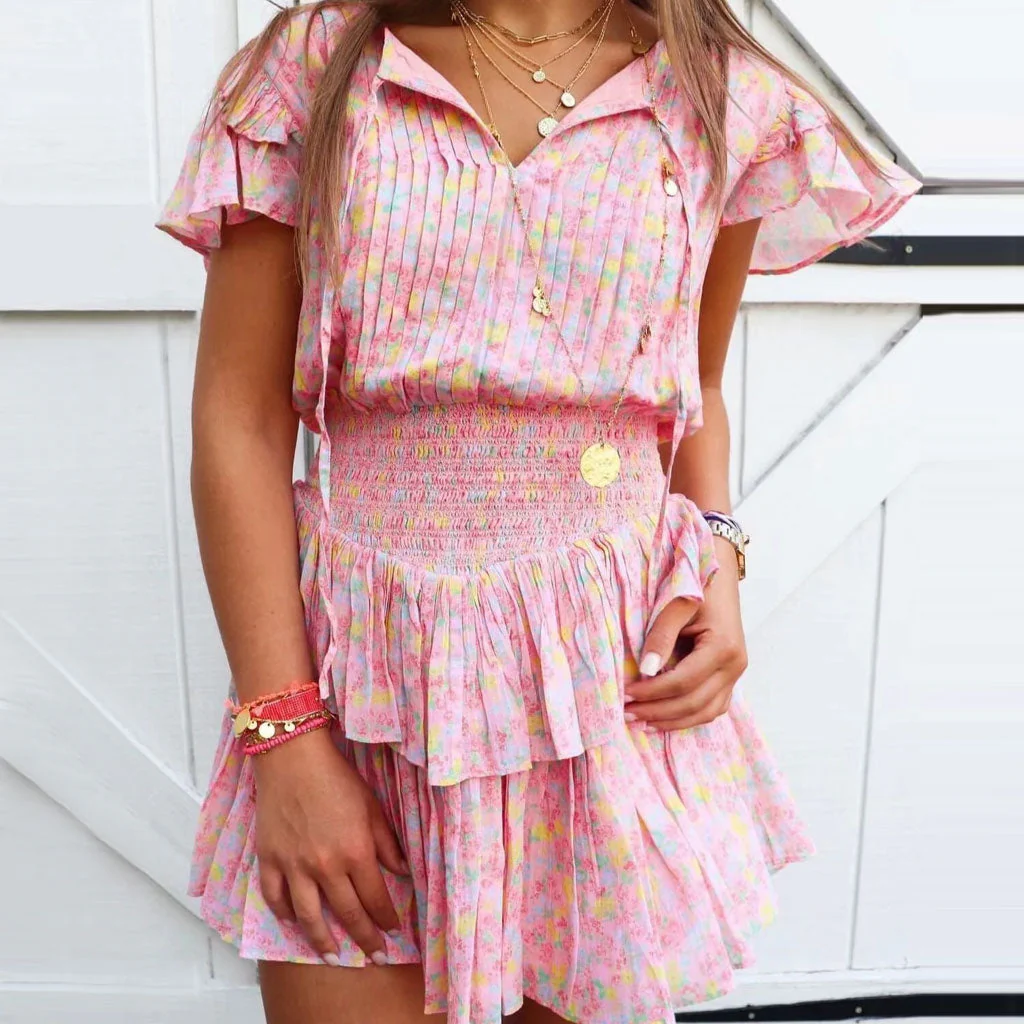 Sweet Style Frilled Tiered Ruffle Floral Printed Mini Dress - Pink - Image 2