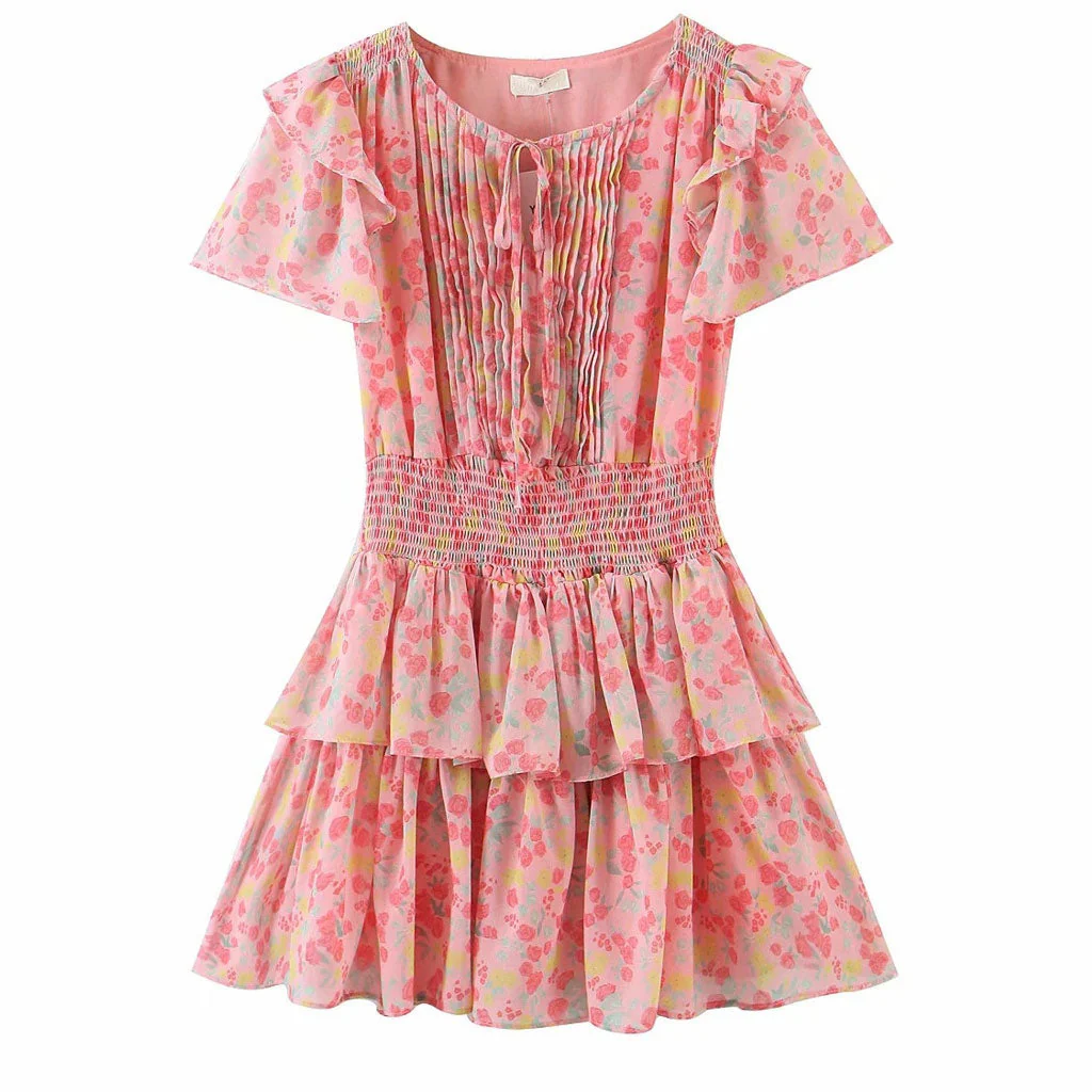 Sweet Style Frilled Tiered Ruffle Floral Printed Mini Dress - Pink - Image 3