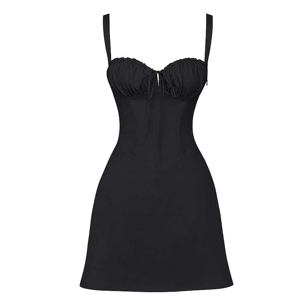 Sweet Tie Front Ruched Corset Suspender Strap Lace Up Mini SunDress - Image 3