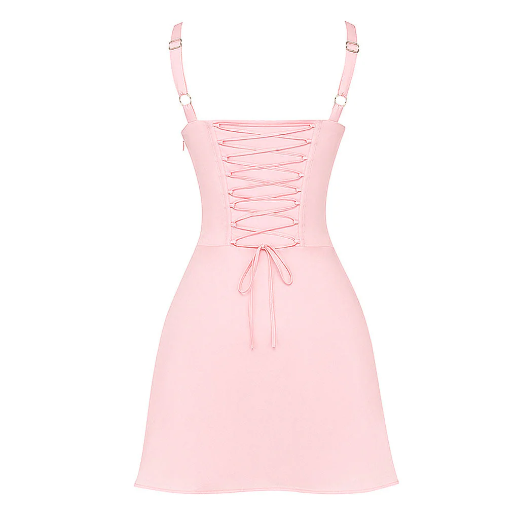 Sweet Tie Front Ruched Corset Suspender Strap Lace Up Mini SunDress - Image 6