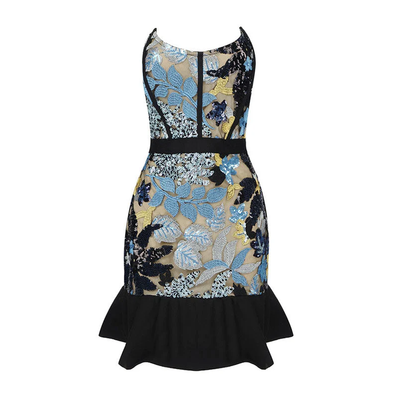 Sweetheart Ruffle Strapless Sequin Embroidered Bodycon Mini Dress - Blue - Image 4