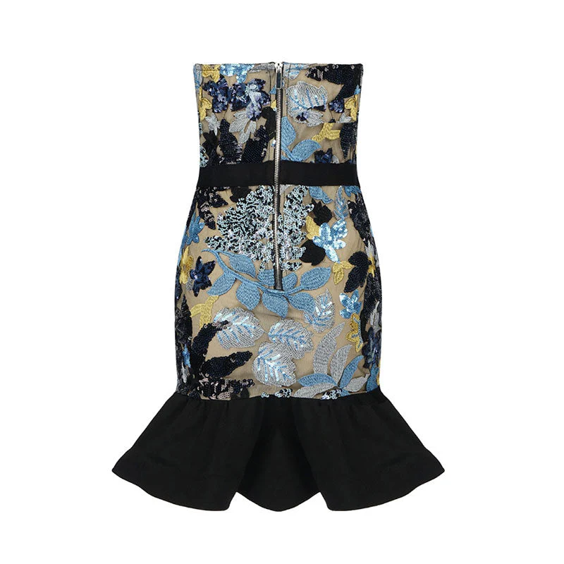 Sweetheart Ruffle Strapless Sequin Embroidered Bodycon Mini Dress - Blue - Image 5