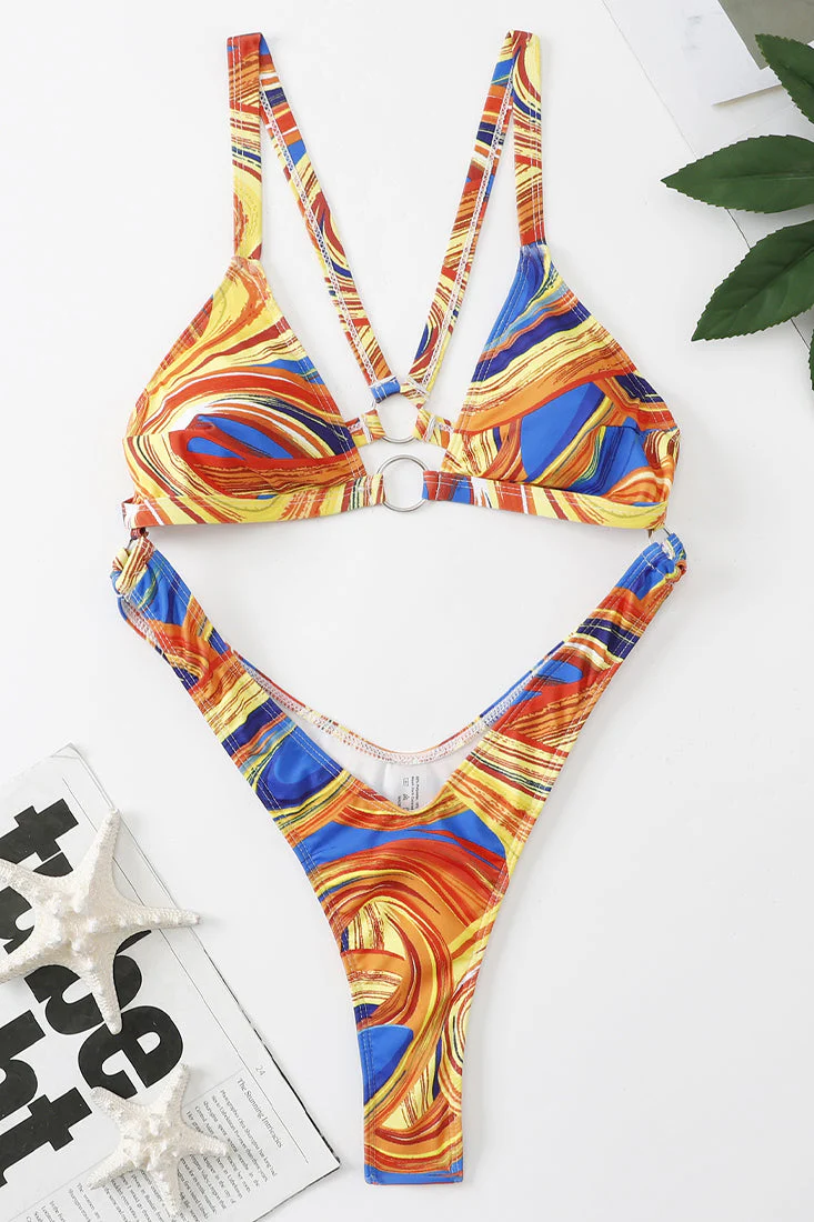 Yellow Multi Print O-Ring Hollow Out Backless Monokini - Image 3