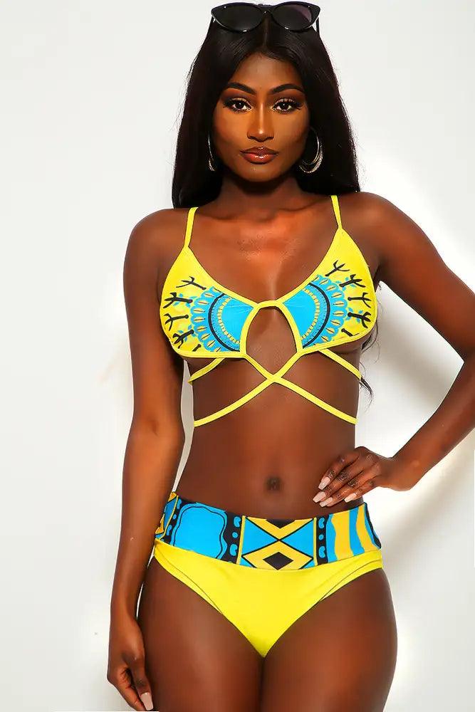 Yellow Ethnic Strappy High Waist Two Piece Swimsuit - Image 2