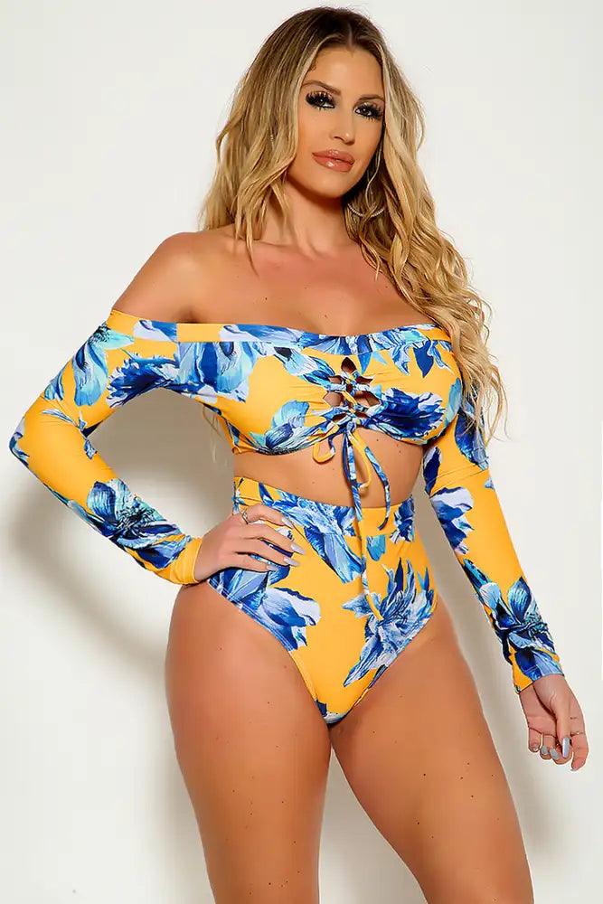 Yellow Floral Long Sleeve Off The Shoulder Lace Up Tow Piece Swimsuit - Image 3