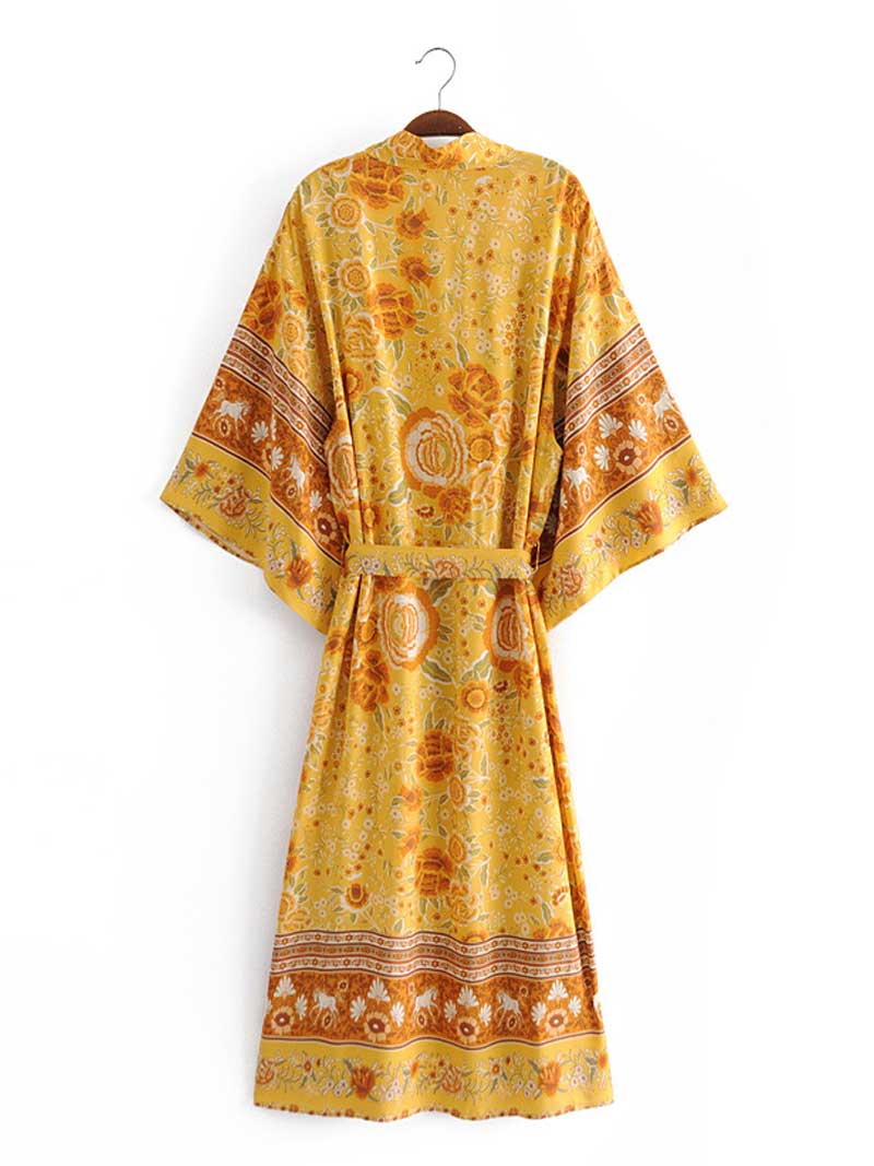 Swimwear Floral Printed Yellow Color Long Kimono Gown Duster Robe - Image 2
