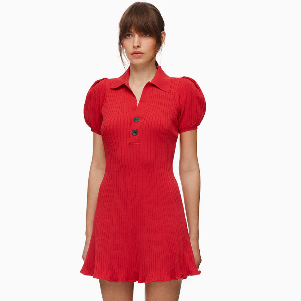 Swingy Collared Puff Sleeve A-Line Rib Knit Sweater Mini Dress - Red - Image 2