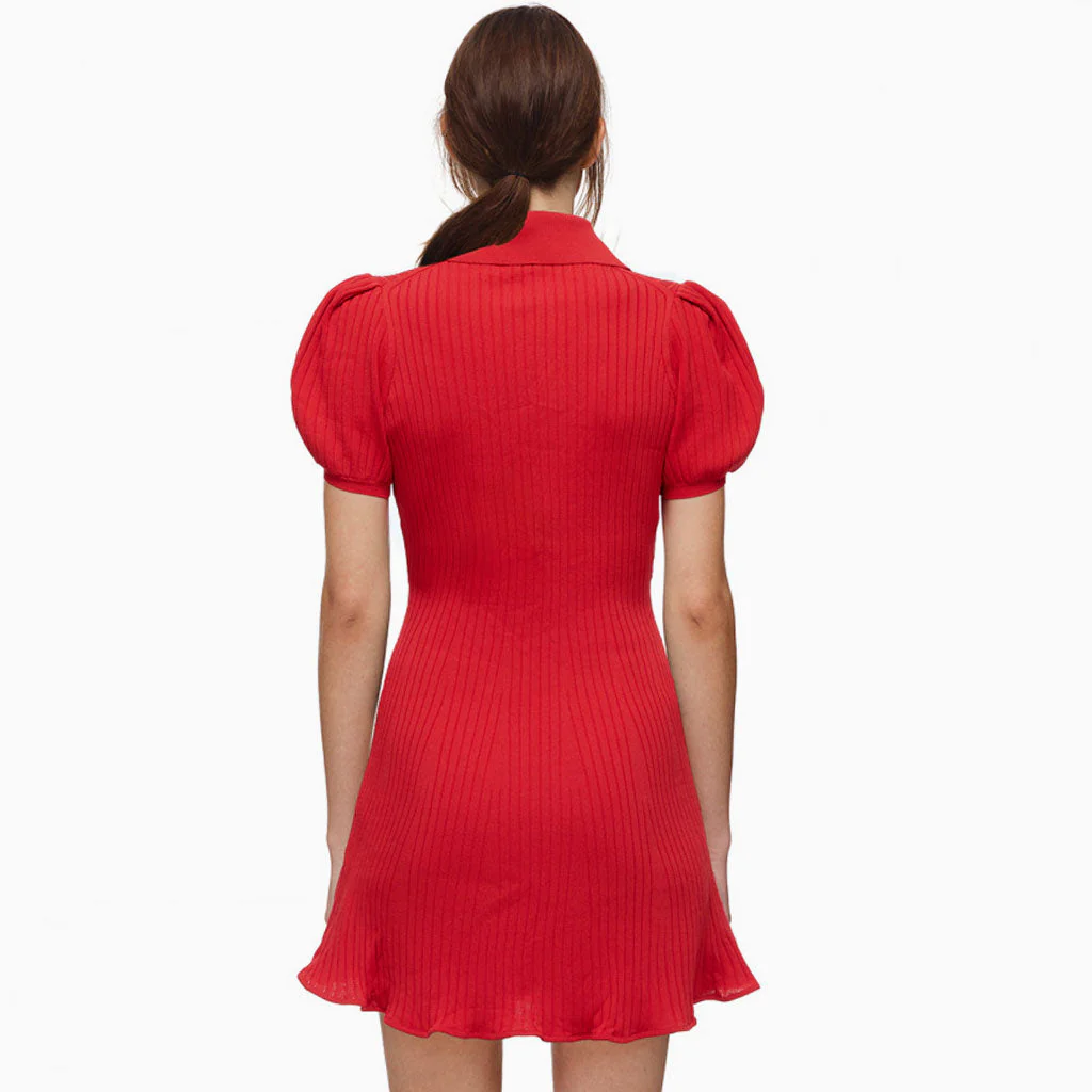 Swingy Collared Puff Sleeve A-Line Rib Knit Sweater Mini Dress - Red - Image 3