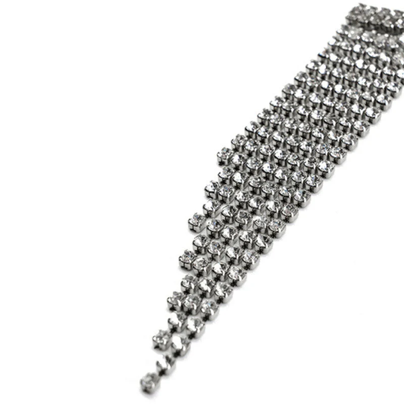 Swingy Rhinestone Embellished Long Tassel Dangle Earrings - Silver - Image 2