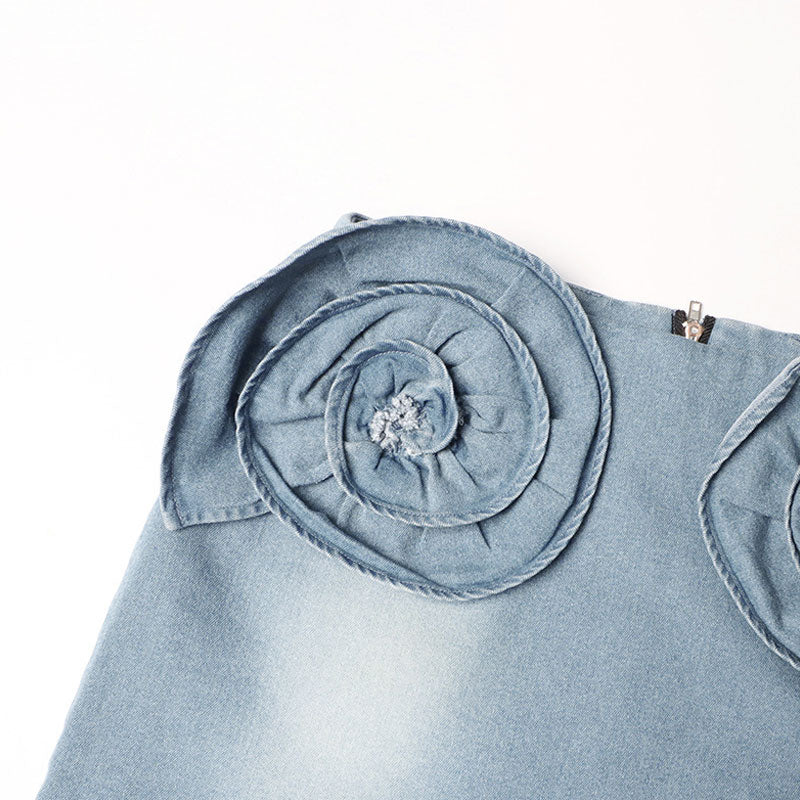 Swirling Rosette Applique Bodycon High Waist Faded Denim Mini Skirt - Image 3