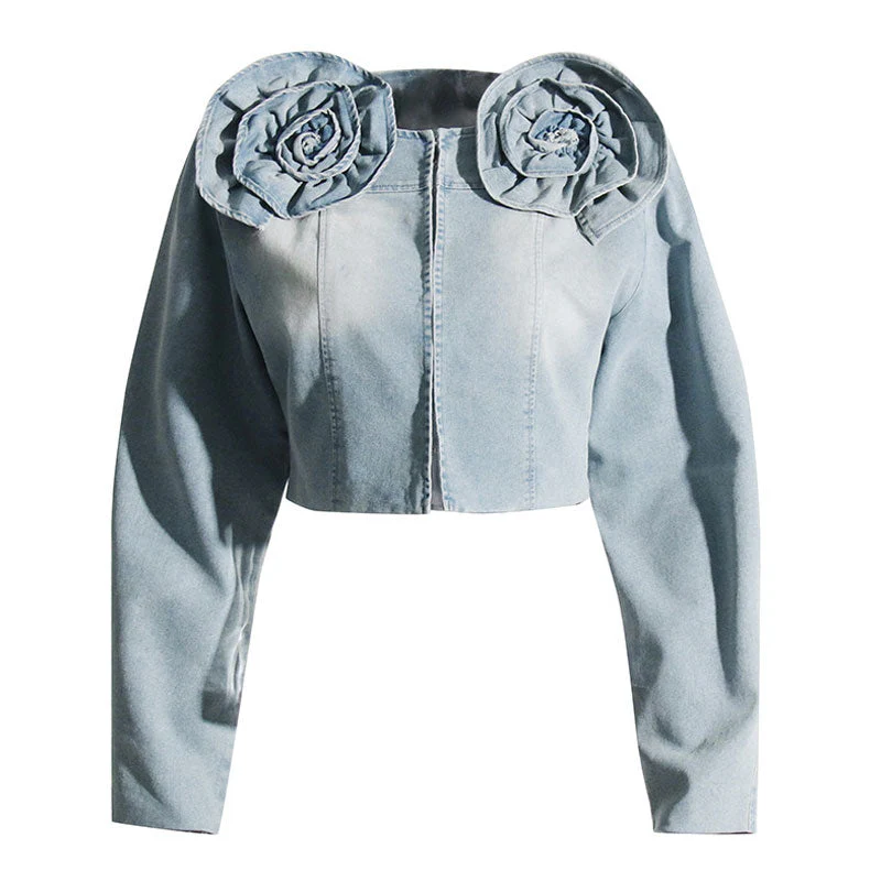 Swirling Rosette Applique Long Sleeve Zip Front Faded Cropped Denim Jacket - Image 5