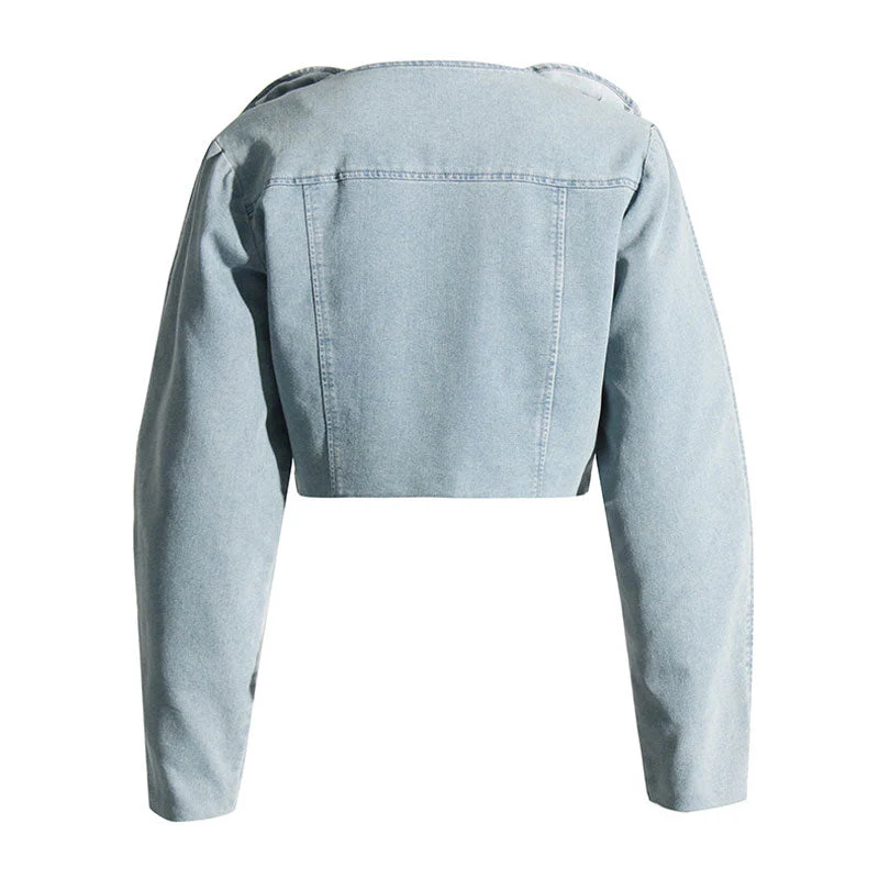 Swirling Rosette Applique Long Sleeve Zip Front Faded Cropped Denim Jacket - Image 6