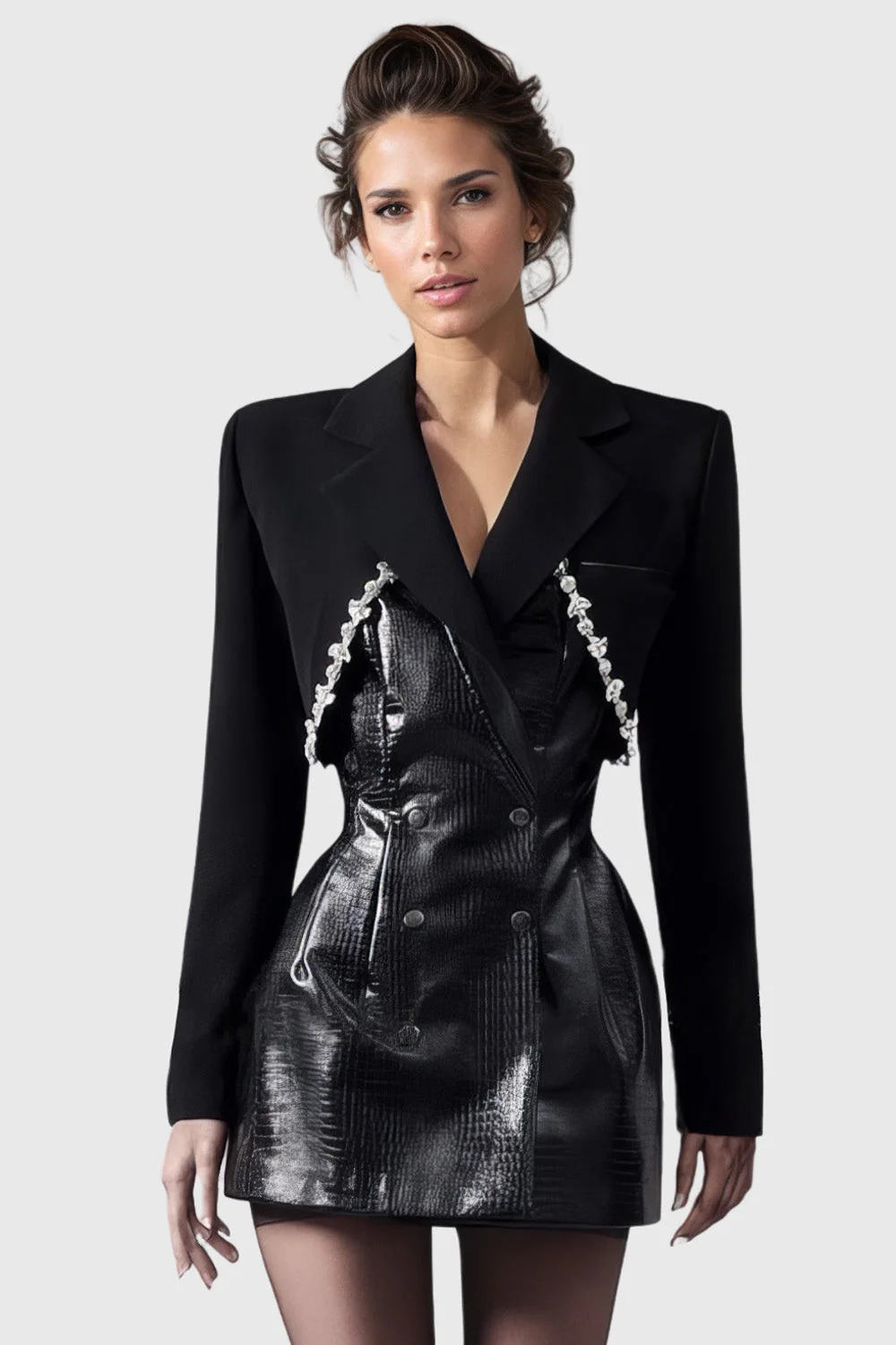Tailored Blazer Dress with Leather - Black - Image 2