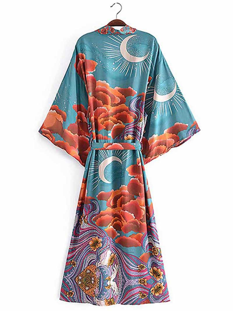 Partywear Floral With Moon Print Green Color Silk Long Length Gown Kimono Duster Robe - Image 2