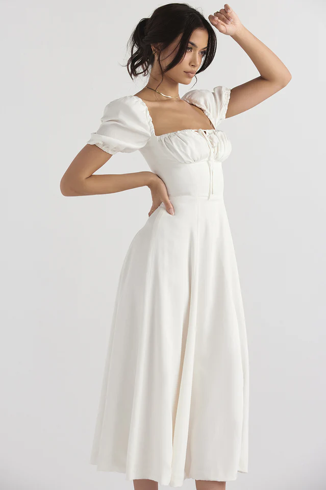 Tallulah White Puff Sleeve Midi Dress - Image 3