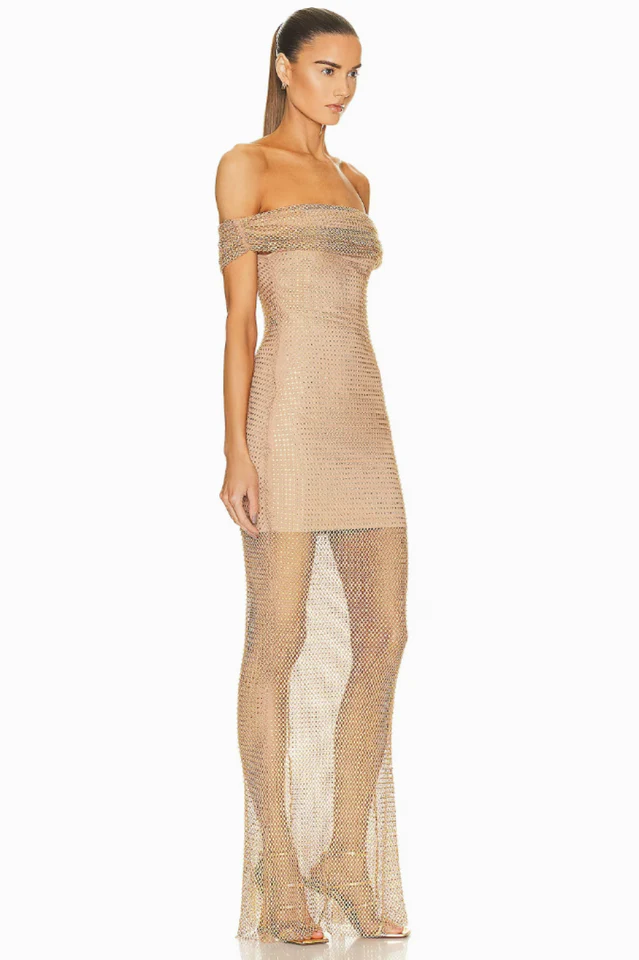 Tan Hotfix Fishnet Maxi Dress - Image 5