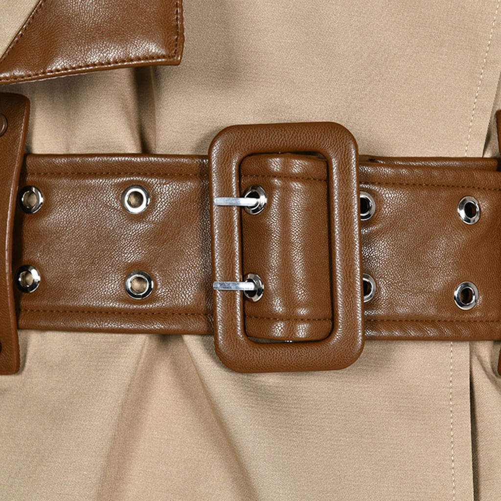 Tasteful Scarf Collared Long Sleeve Belted Cargo Pocket Leather Hybrid Trench Coat - Image 4