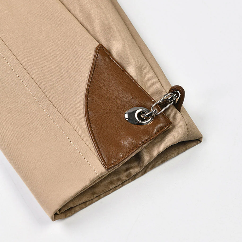 Tasteful Scarf Collared Long Sleeve Belted Cargo Pocket Leather Hybrid Trench Coat - Image 5