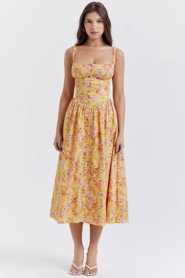 Tatiana Yellow Floral Print Midi Dress - Image 2
