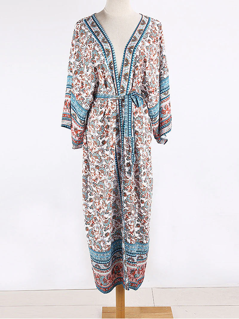 Long Floral Print Blue Color Cotton Long Length Gown Kimono Duster Robe - Image 3