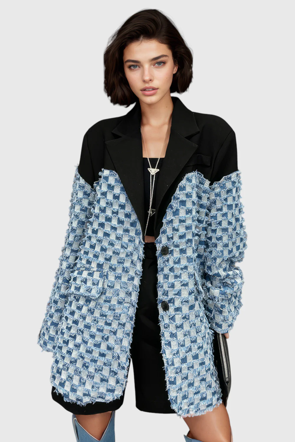 Textured Blazer with Pattern - Black - Image 3