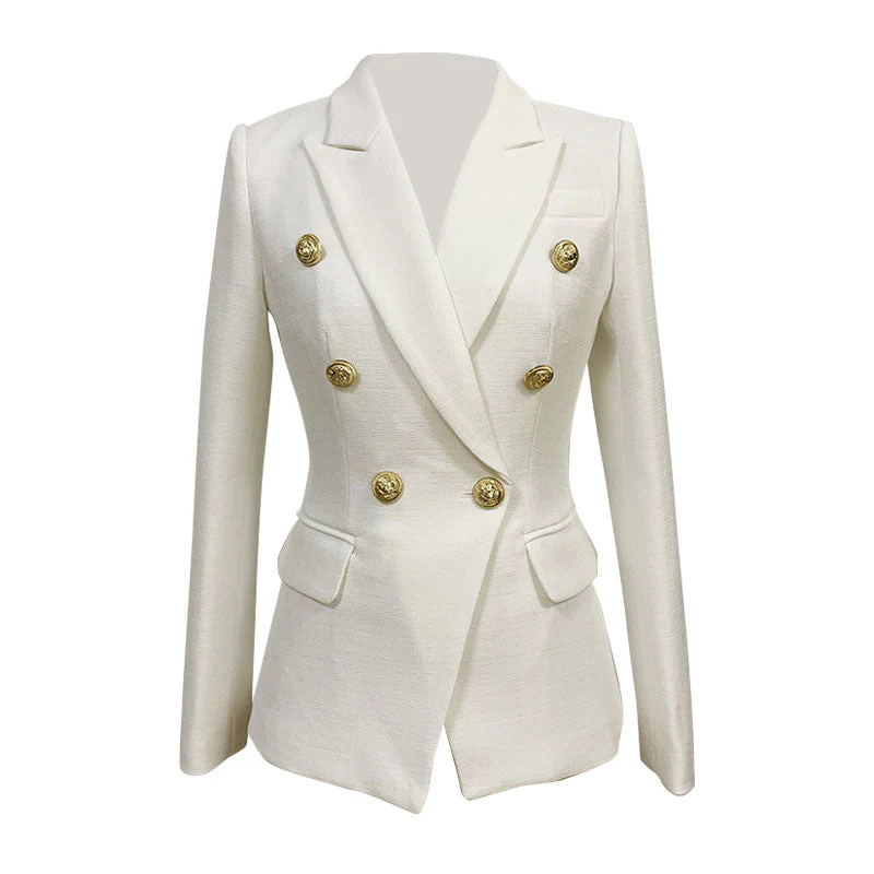 Textured Gold Button Detail Peak Lapel Double Breasted Tailored Linen Blazer - Image 2