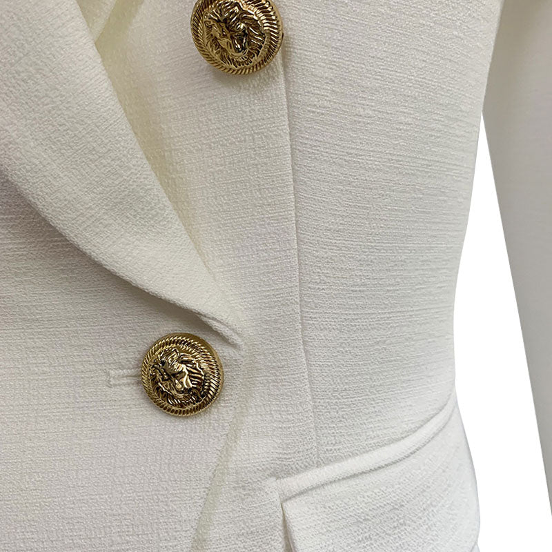 Textured Gold Button Detail Peak Lapel Double Breasted Tailored Linen Blazer - Image 3