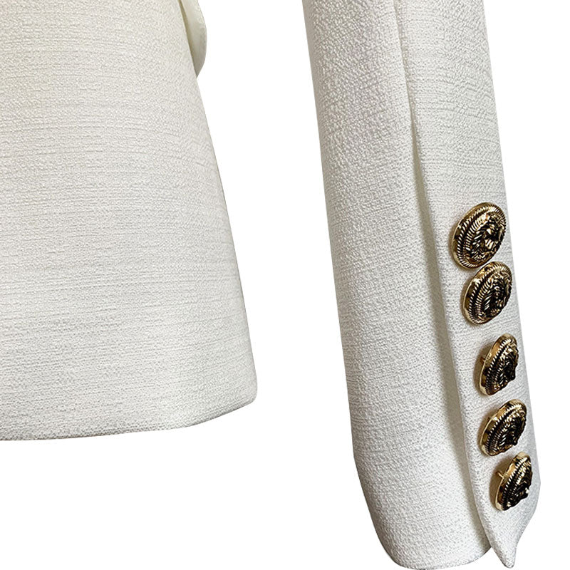 Textured Gold Button Detail Peak Lapel Double Breasted Tailored Linen Blazer - Image 4
